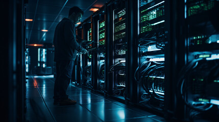Network and internet communication technology concept, data center interior, server racks with telecommunication equipment in data center server room, man inception the equipment  