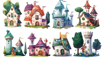 Naklejka premium Whimsical Fairytale Cottages and Castles in a Vibrant Storybook Landscape