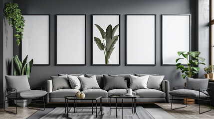Five blank horizontal poster frames in a Scandinavian style living room with a charcoal gray color scheme. Frames are arranged in a grid pattern on a feature wall.
