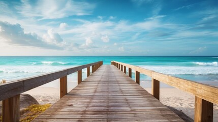 Fototapeta premium Rustic wooden boardwalk leading to a pristine beach, close up, coastal charm, vibrant, Composite, ocean backdrop