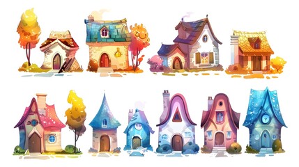 Obraz premium Whimsical Watercolor Cottages and Fairy Tale Homes in Autumnal Landscape