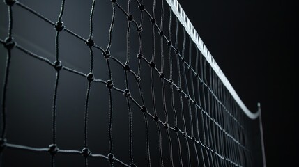 Black volleyball net close up. The net is in focus and the background is blurred. The image is well lit and the colors are vibrant.