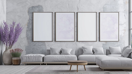 Five blank horizontal poster frames in a Scandinavian style living room with a light lavender and...