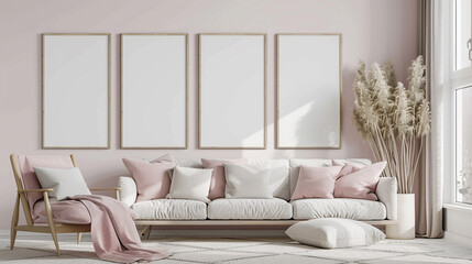 Five blank horizontal poster frames in a Scandinavian style living room with a pastel pink and white theme. Frames are arranged in a grid pattern on a large feature wall.