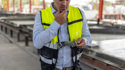 Civil engineer in safety uniform checking an electronic circuit key of a production machine in a...