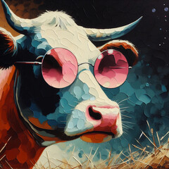 A cow in glasses. Painting on canvas.	