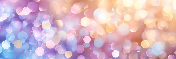 Obraz premium Abstract blur bokeh banner background. Rainbow colors, pastel purple, blue, gold yellow, white silver, pale pink bokeh background AI
