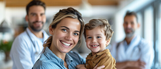 Fototapeta premium happy family with woman , doctor and boy in hospital