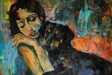 A beautiful painting of a woman with her loyal dog. Perfect for pet lovers and art enthusiasts