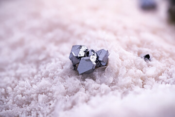 galena on white dolomite and quartz from Krushev Dol mine, Madan, Bulgaria. macro photography detail texture background. close-up raw rough unpolished semi-precious gemstone 