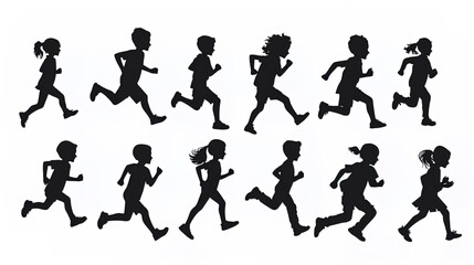 silhouettes of city kids running and playing, various activities, flat vector illustration pack