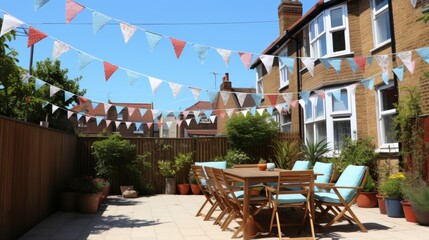 Fototapeta premium Summer festival. colorful bunting in the clear blue sky, outdoor party celebration