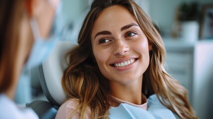 Fototapeta premium Woman sitting in dental chair looks at professional doctor stomatologist fixing her teeth