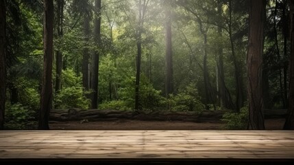 Wooden stage in the woods, peaceful retreat, close up, focus on the wood pattern, theme of nature, realistic, Double exposure, backdrop of forest greenery