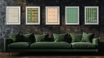 Modern living room with a rich forest green sofa and four horizontal poster frames, each displaying geometric patterns, against a dark charcoal wall.