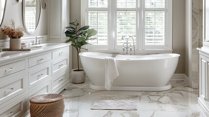 Image of a transitional bathroom blending traditional and contemporary elements, with a neutral color palette and stylish finishes