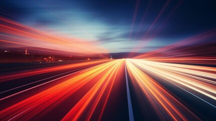 Blurred red lights on highway, speed and motion, close up, focus on the streaks, theme of fastpaced life, dynamic, Overlay, backdrop of evening sky