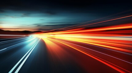 Blurred red lights on highway, speed and motion, close up, focus on the streaks, theme of fastpaced life, dynamic, Overlay, backdrop of evening sky