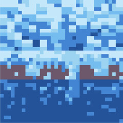 Vector snow, ice and water pixel blocks background pattern. Retro console game level cubic pixel texture. Computer 8 bit 80s arcade