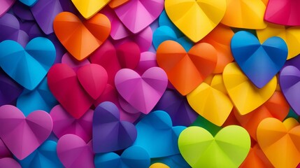 Bright Pride Month image, representation of LGBTQ community, close up, focus on the colorful hearts, theme of support, whimsical, Manipulation, backdrop of rainbow colors