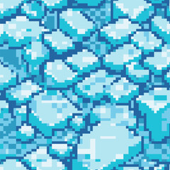 Vector snow, ice and water pixel blocks background pattern. Retro console game level cubic pixel texture. Computer 8 bit 80s arcade