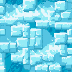Vector snow, ice and water pixel blocks background pattern. Retro console game level cubic pixel texture. Computer 8 bit 80s arcade