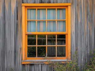A window with a wooden frame and a yellow tint