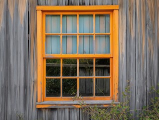 Obraz premium A window with a wooden frame and a yellow tint