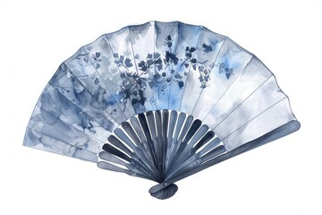 A beautiful blue and white hand fan with floral design. Perfect for summer events and outdoor gatherings