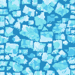 Vector snow, ice and water pixel blocks background pattern. Retro console game level cubic pixel texture. Computer 8 bit 80s arcade