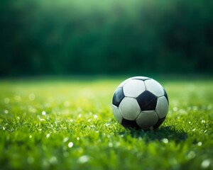 Fototapeta premium Classic football on field, game preparation, selective focus, theme of tradition, whimsical, Manipulation, backdrop of lush grass