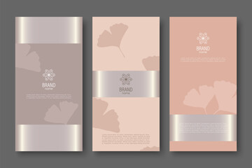 Branding packaging nature leaves background, voucher, logo, banner with ginkgo biloba leaves. Luxury vector botanical illustration.