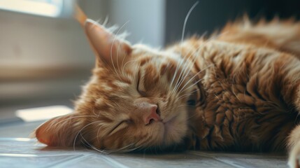 An orange cat peacefully sleeping on the floor. Suitable for pet-related designs