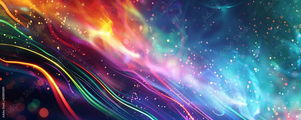 Poster abstract multicolor light streaks and particles in motion. energetic, vibrant depiction of the cosmo