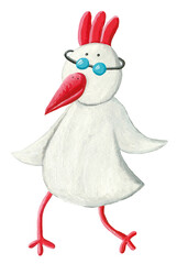 Funny rooster with glasses on a walk