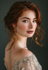 A captivating portrait captures the allure of a young woman with chestnut brown hair, her exquisite evening makeup emphasizing her natural beauty as she gazes warmly at the viewer. 