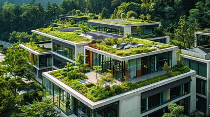 Image of a modern eco-friendly factory with green rooftops, integrated solar panels, and surrounding green spaces, promoting environmental sustainability