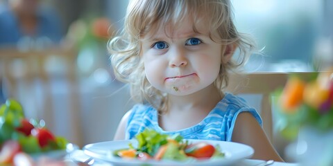 Young child grimacing and displaying picky eating behavior at dinner vegetables. Concept Parenting, Picky Eating, Child Behavior, Mealtime Challenges, Food Preferences