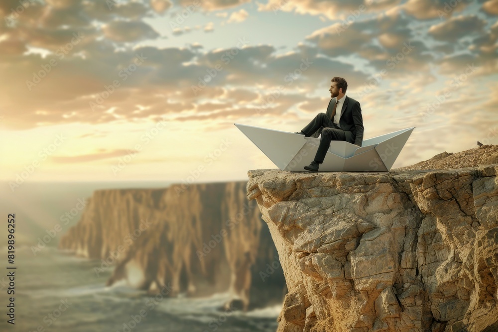 Aufkleber a man sitting on top of a cliff with a laptop. ideal for technology and remote work concepts