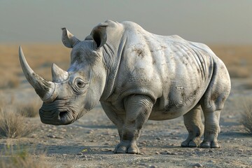 A powerful rhino standing in a dirt field. Suitable for wildlife and nature concepts
