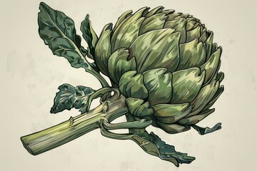 Close-up of a vibrant green artichoke on a stem, perfect for food and nutrition concepts