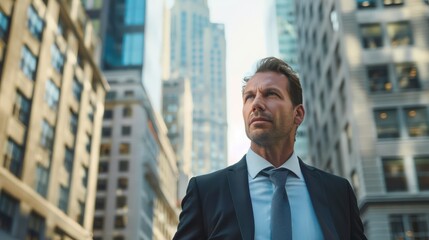 Fototapeta premium A determined businessman walks briskly through the city, his focused expression revealing his commitment to success. 