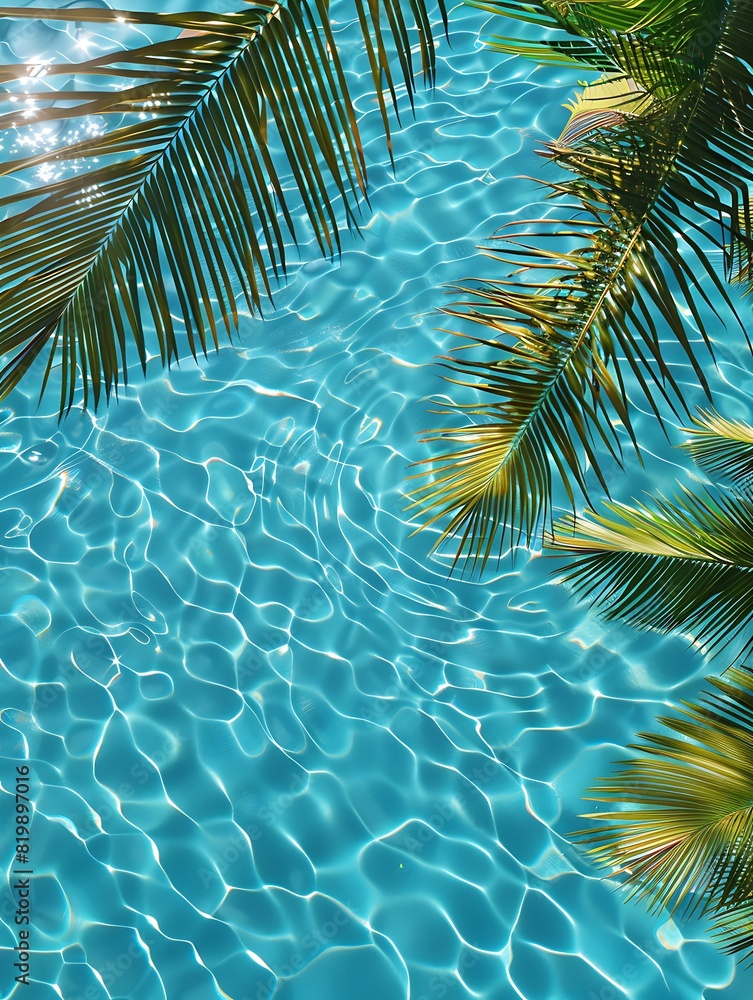 Wall mural tropical palm leaves on the water surface of a swimming pool