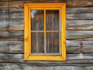 A yellow window with wooden frames sits in front of a wooden wall