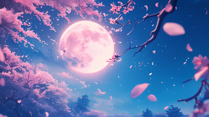 the moon was bright at night and the cherry trees were falling in the wind