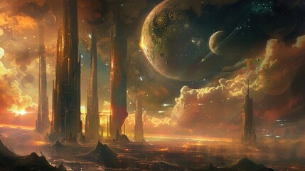 . A surreal alien cityscape, with strange, towering structures and a sky filled with multiple moons.