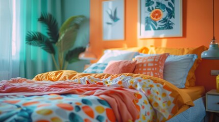 colorful bedroom with bright decor, playful patterns, and vibrant artwork, creating an energetic and cheerful environment