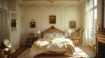 classic bedroom with traditional furniture, ornate moldings, and a grand bed, reflecting timeless elegance and charm