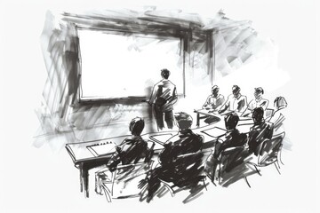 A black and white drawing of people in a classroom. Can be used for educational purposes
