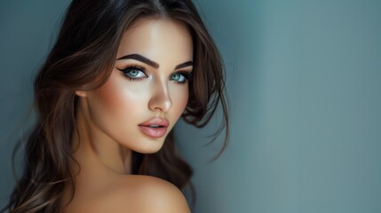 Naklejka premium A stunning brunette with flawless evening makeup looks directly at the camera with a kind, tender expression, radiating beauty and sophistication.